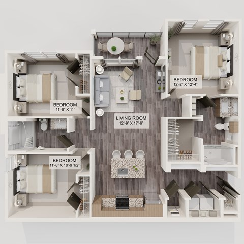 Floor plan for 3 beds, 2 baths, 1259 sqft